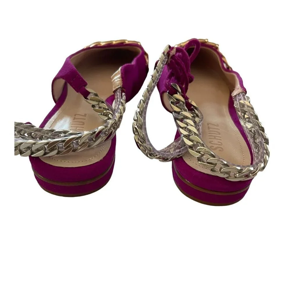 Schutz Size 9.5 Odilenny Flat Violet Pink Pointed Toe Suede Chain Ankle Tie